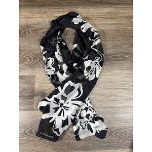 Jones New York 100% Silk Scarf Black White Floral Striped Sheer Oblong Wrap